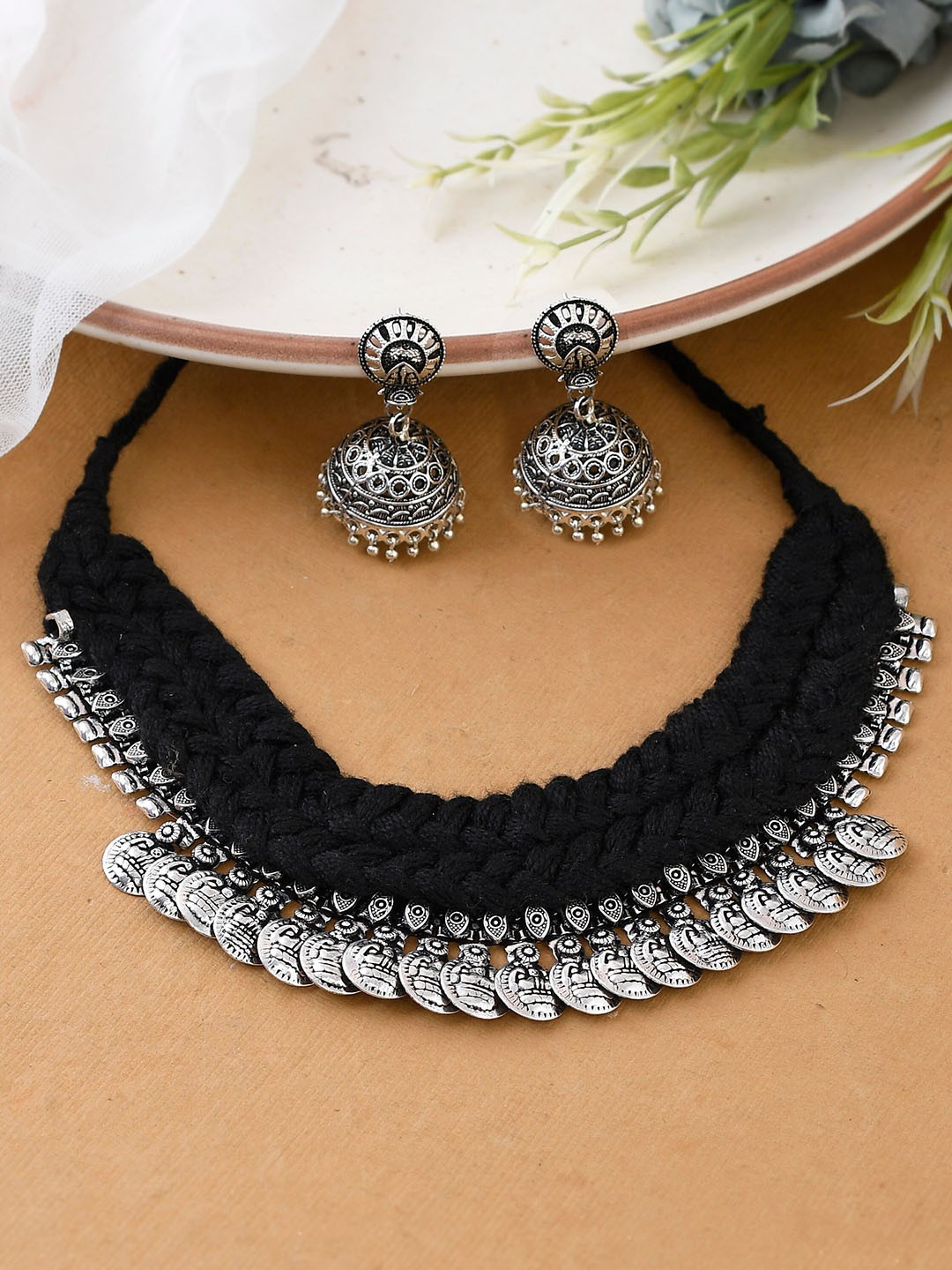 

Shoshaa Silver-Plated Oxidised Thread Jewellery Set, Black
