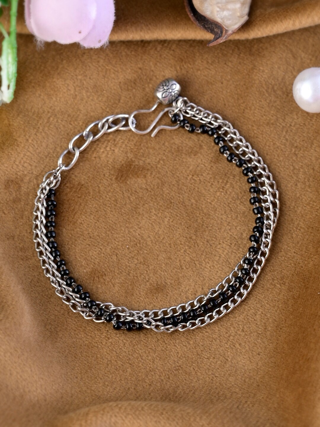 

Shoshaa Silver-Plated & Beaded Double Layered Anklet, Black
