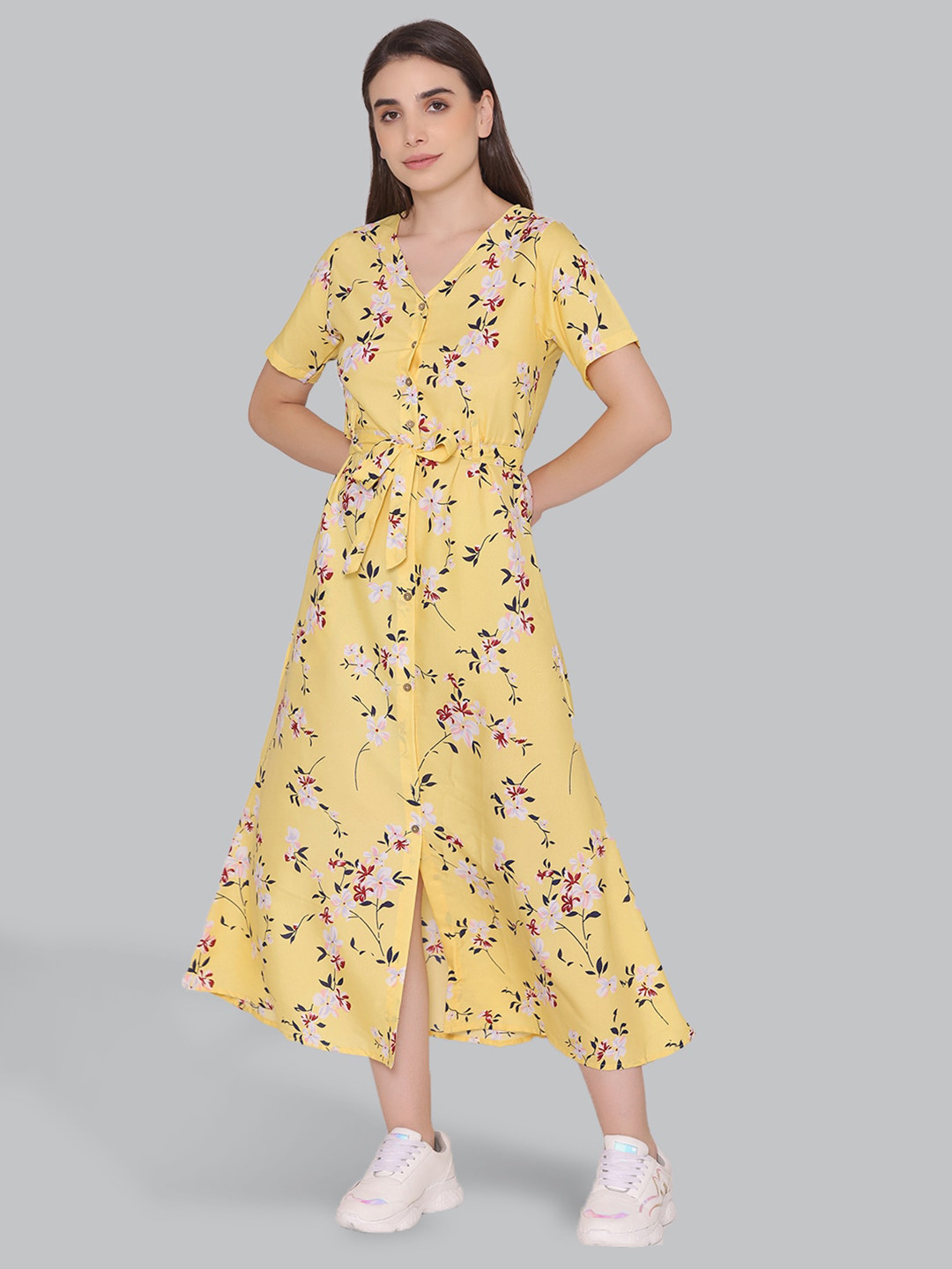 

CUFFS N LASHES Floral Printed A-Line Midi Dress, Yellow