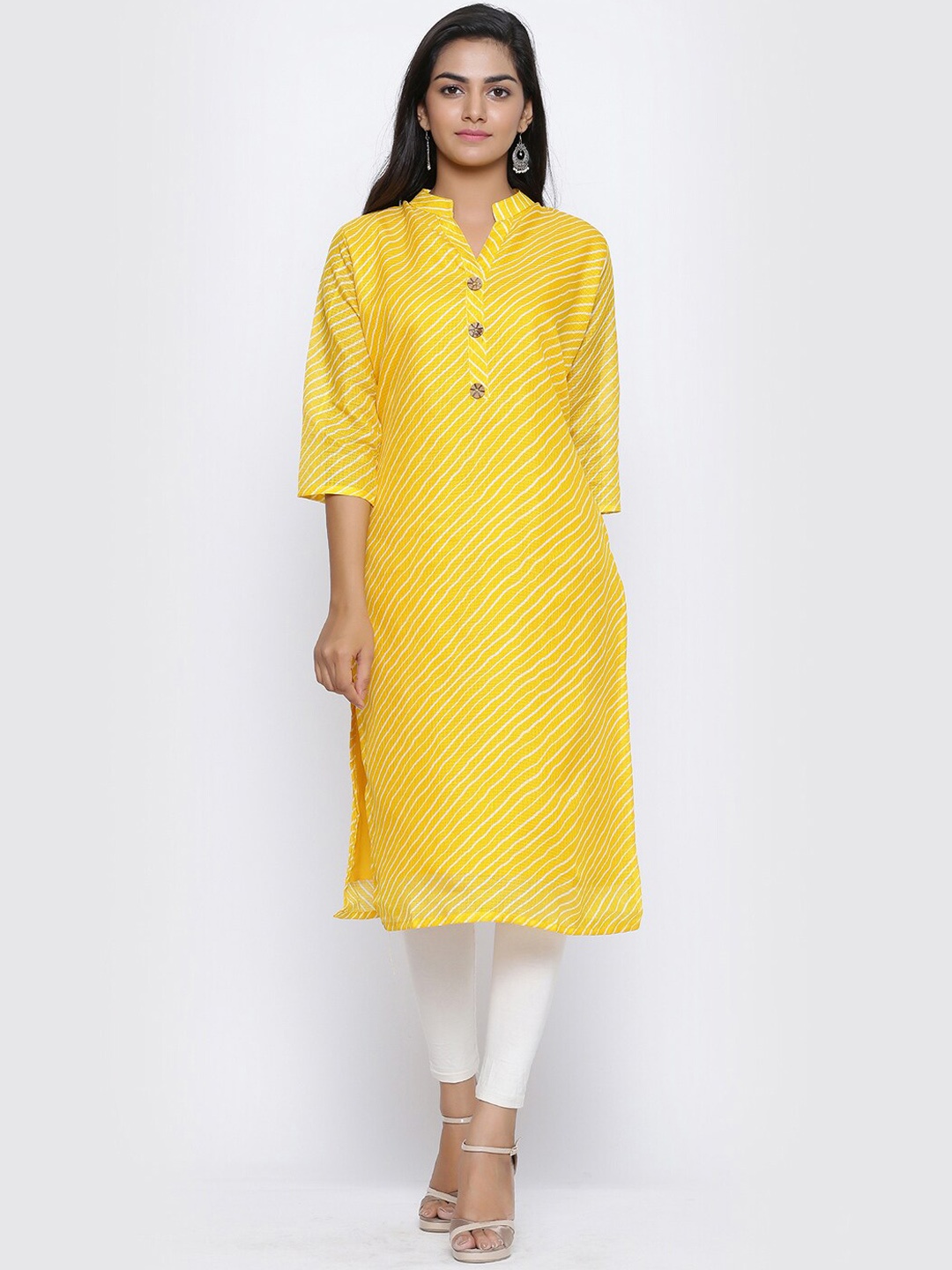 

SOUNDARYA Women Leheriya Striped Straight Cotton Kurta, Yellow