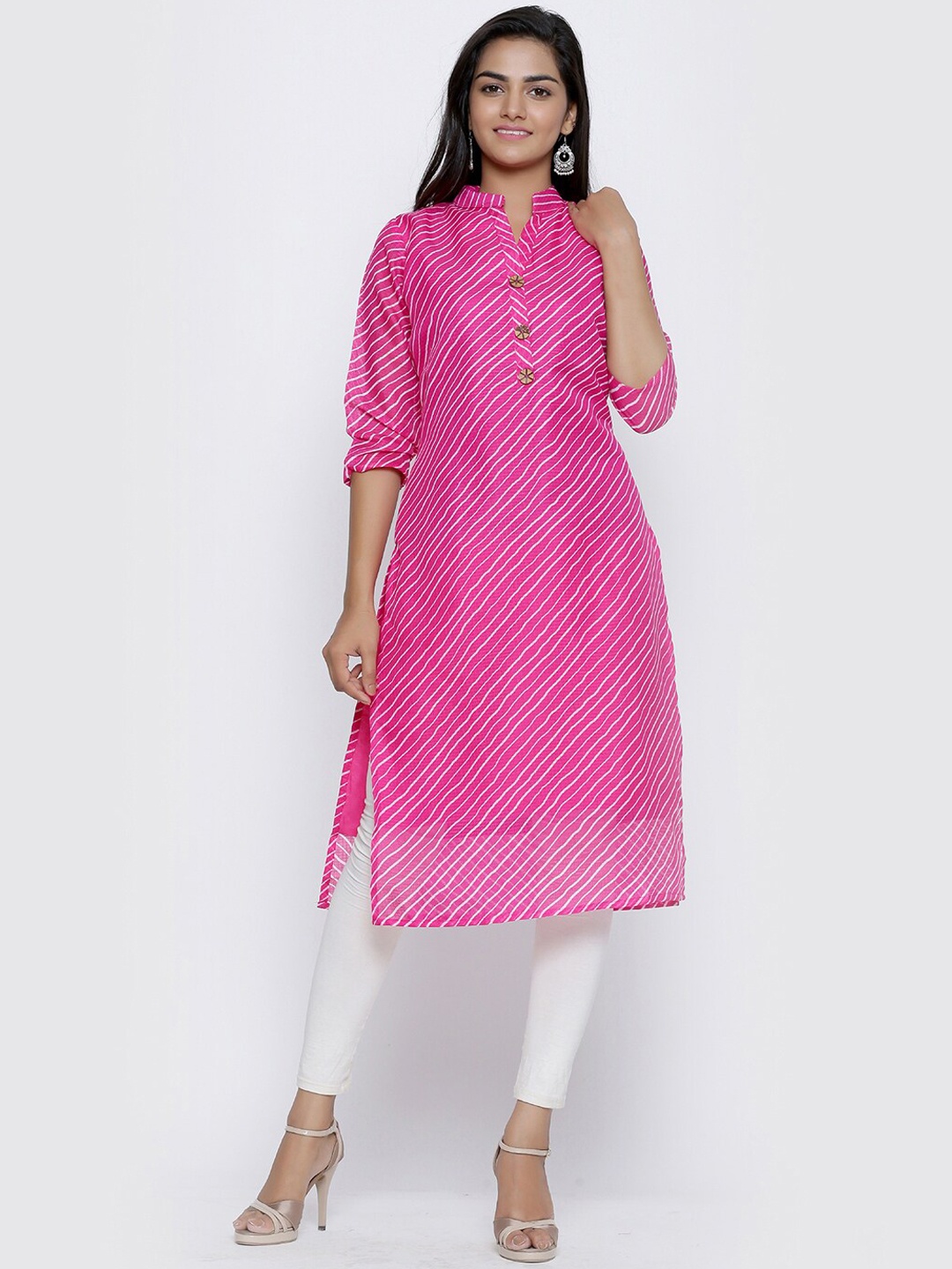 

SOUNDARYA Leheriya Striped Mandarin Collar Cotton Kurta, Pink
