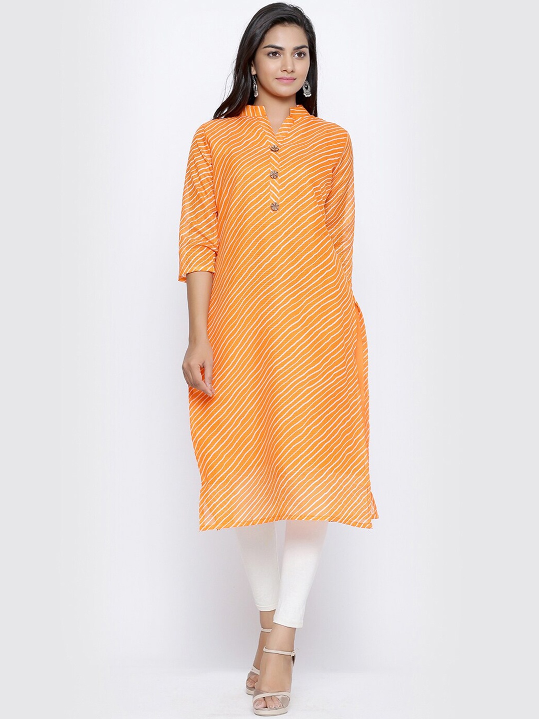 

SOUNDARYA Striped Mandarin Collar Cotton Kurta, Orange