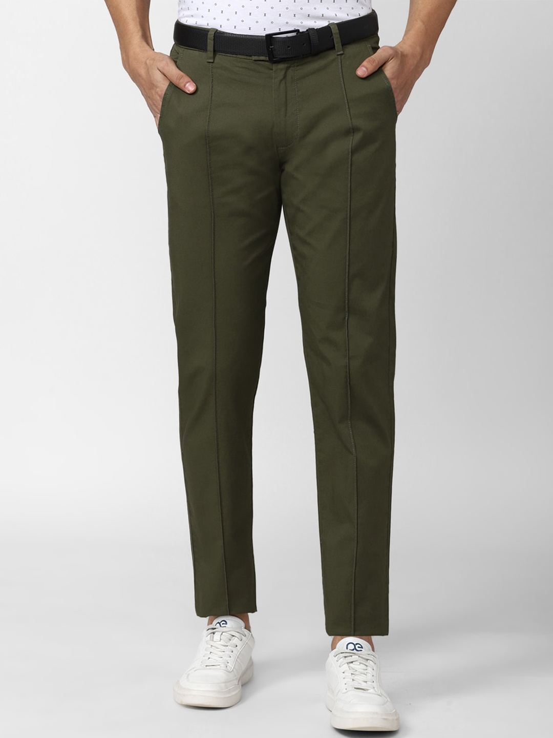 

Peter England Casuals Men Mid Rise Slim Fit Pleated Trousers, Green