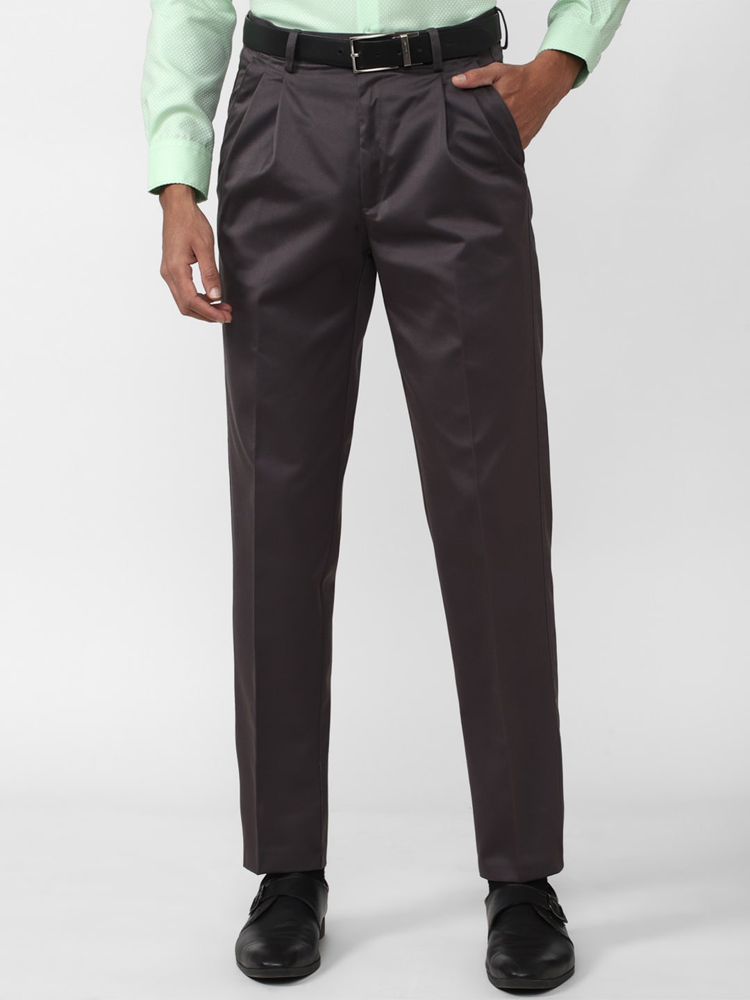 

Peter England Casuals Men Mid Rise Slim Fit Pleated Trousers, Grey