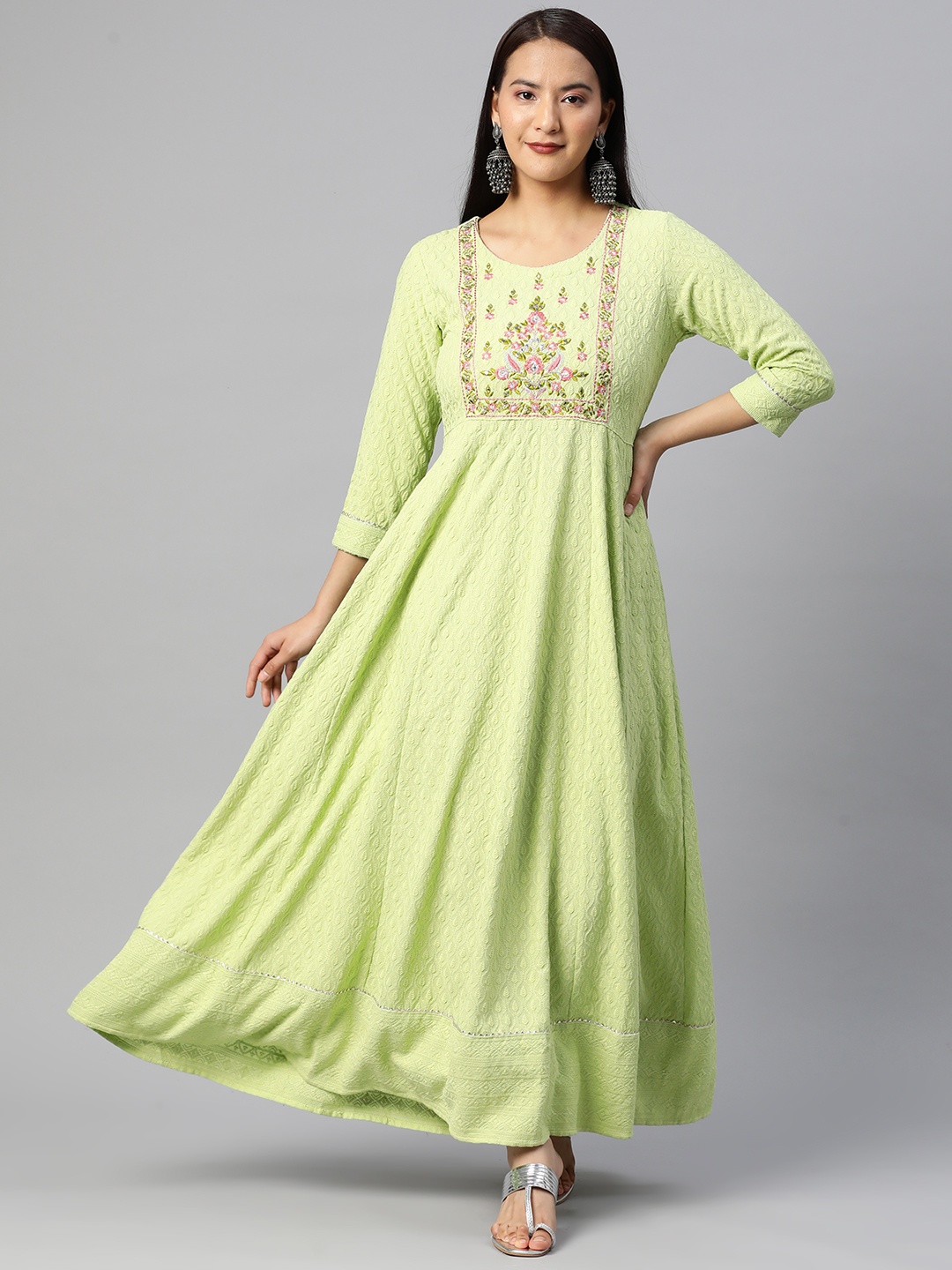 

Readiprint Fashions Green Floral Embroidered Cotton Ethnic Maxi Dress