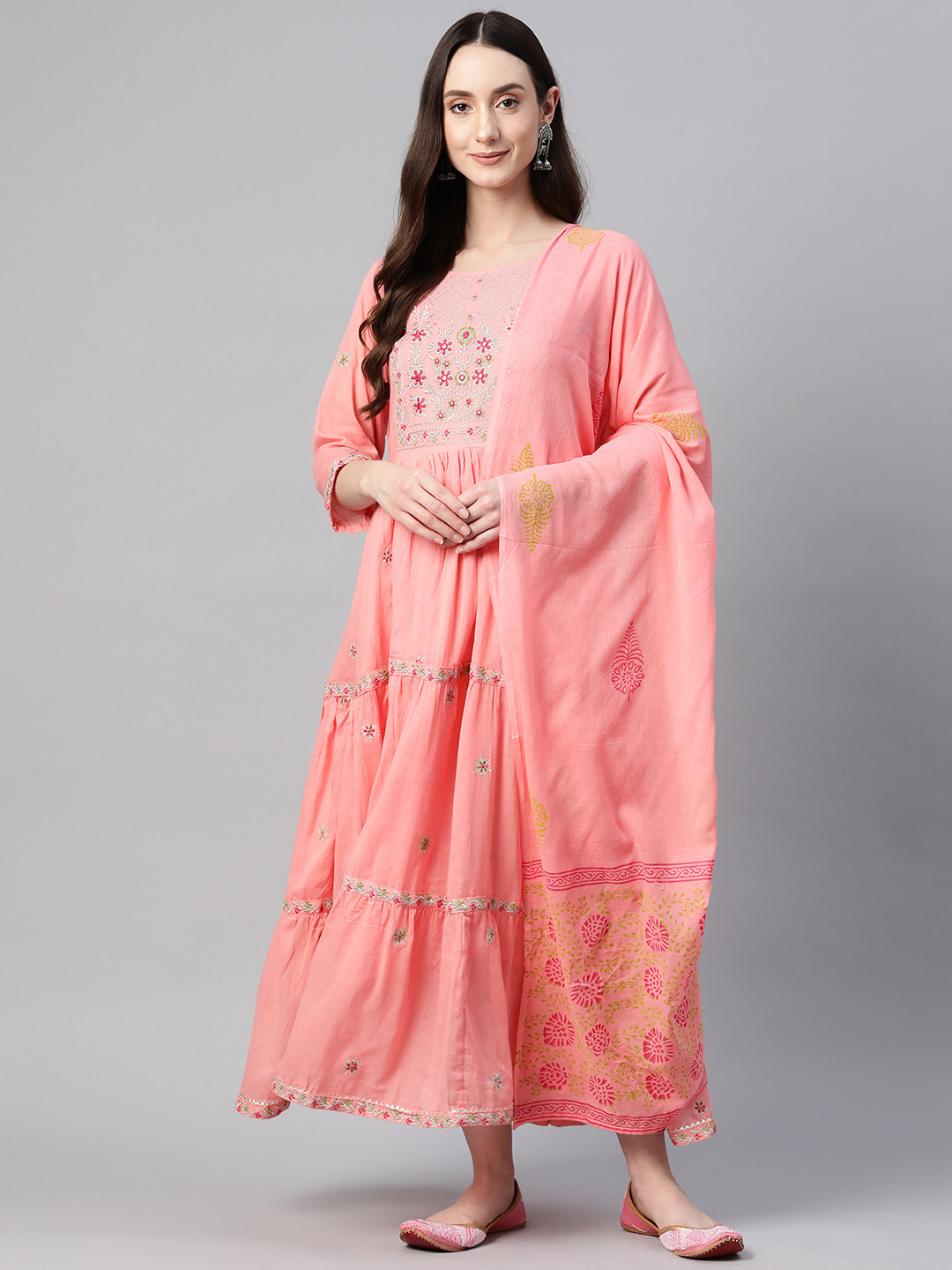 

Readiprint Fashions Floral Cotton Ethnic Maxi Ethnic Dress, Peach