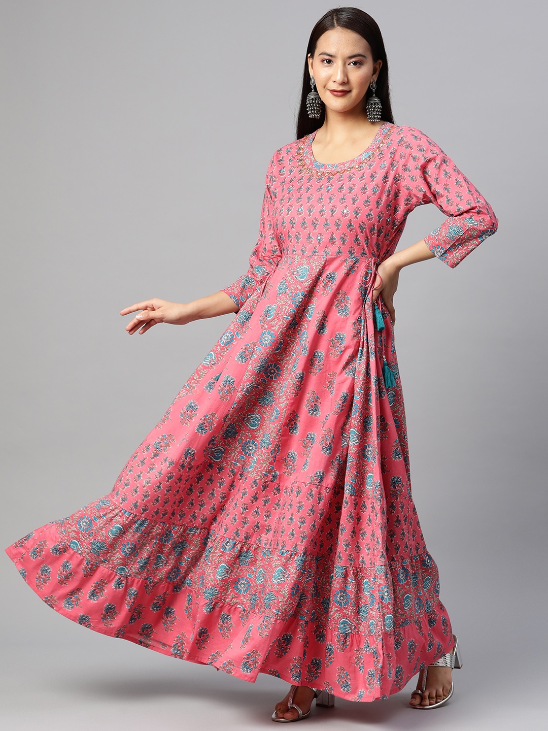 

Readiprint Fashions Pink & Turquoise Blue Floral Ethnic Maxi Dress