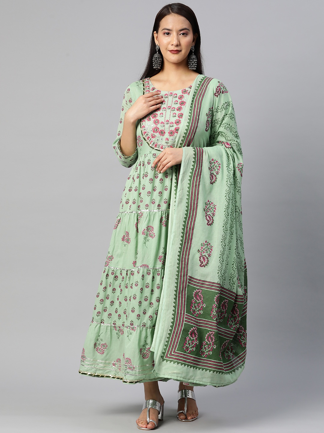 Readiprint Fashions Floral Embroidered Cotton Ethnic Maxi Ethnic Dress, Green