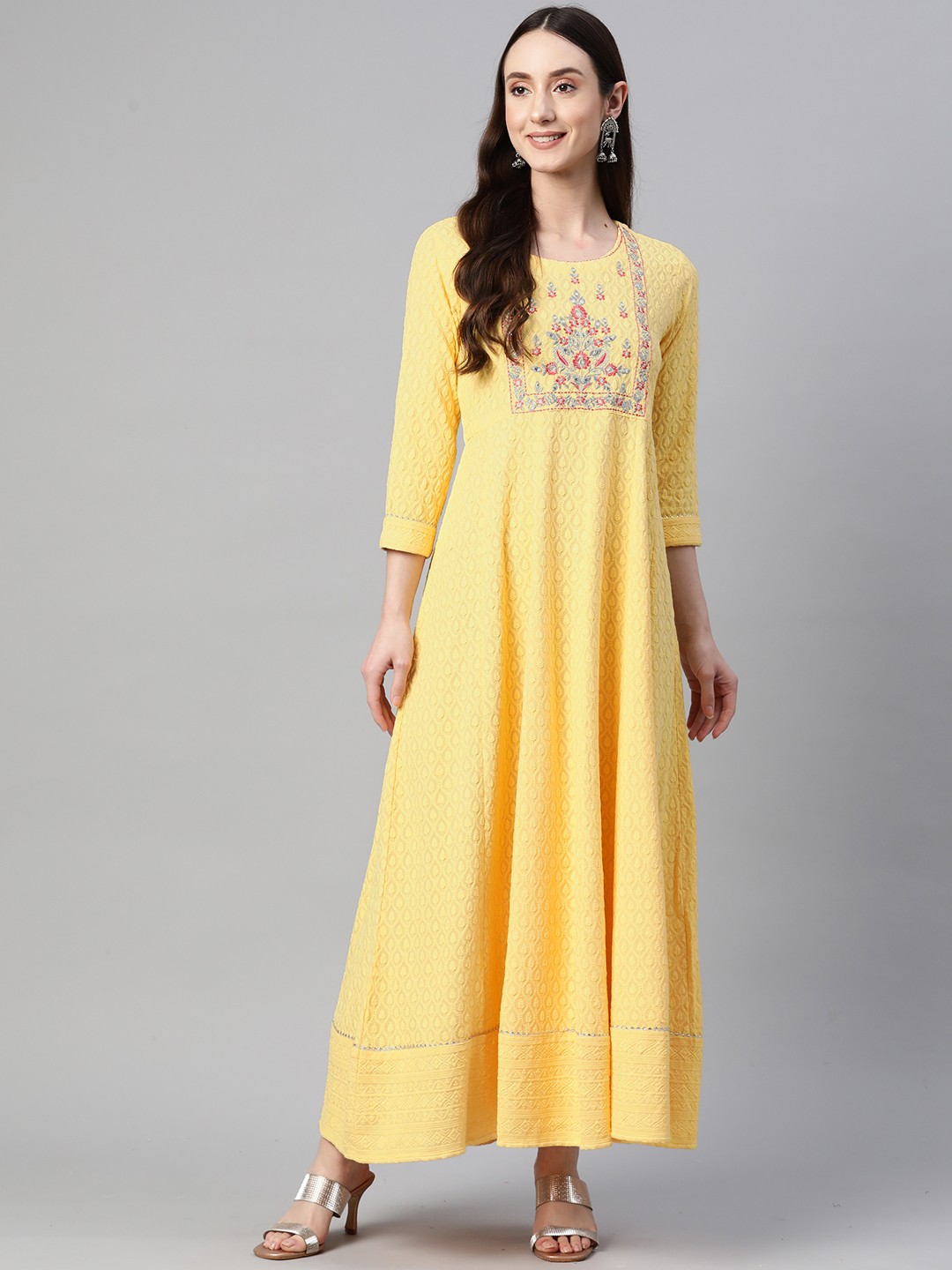 

Readiprint Fashions Floral Embroidered Maxi Ethnic Dress, Yellow
