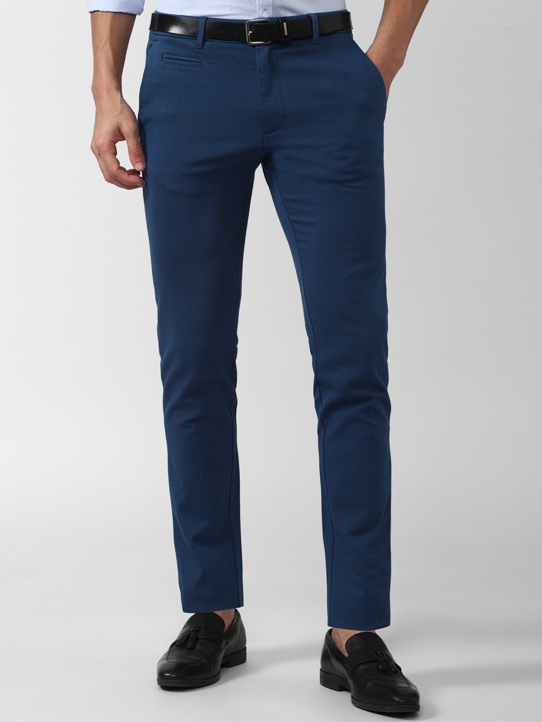 

V Dot Men Cotton Slim Fit Trousers, Navy blue