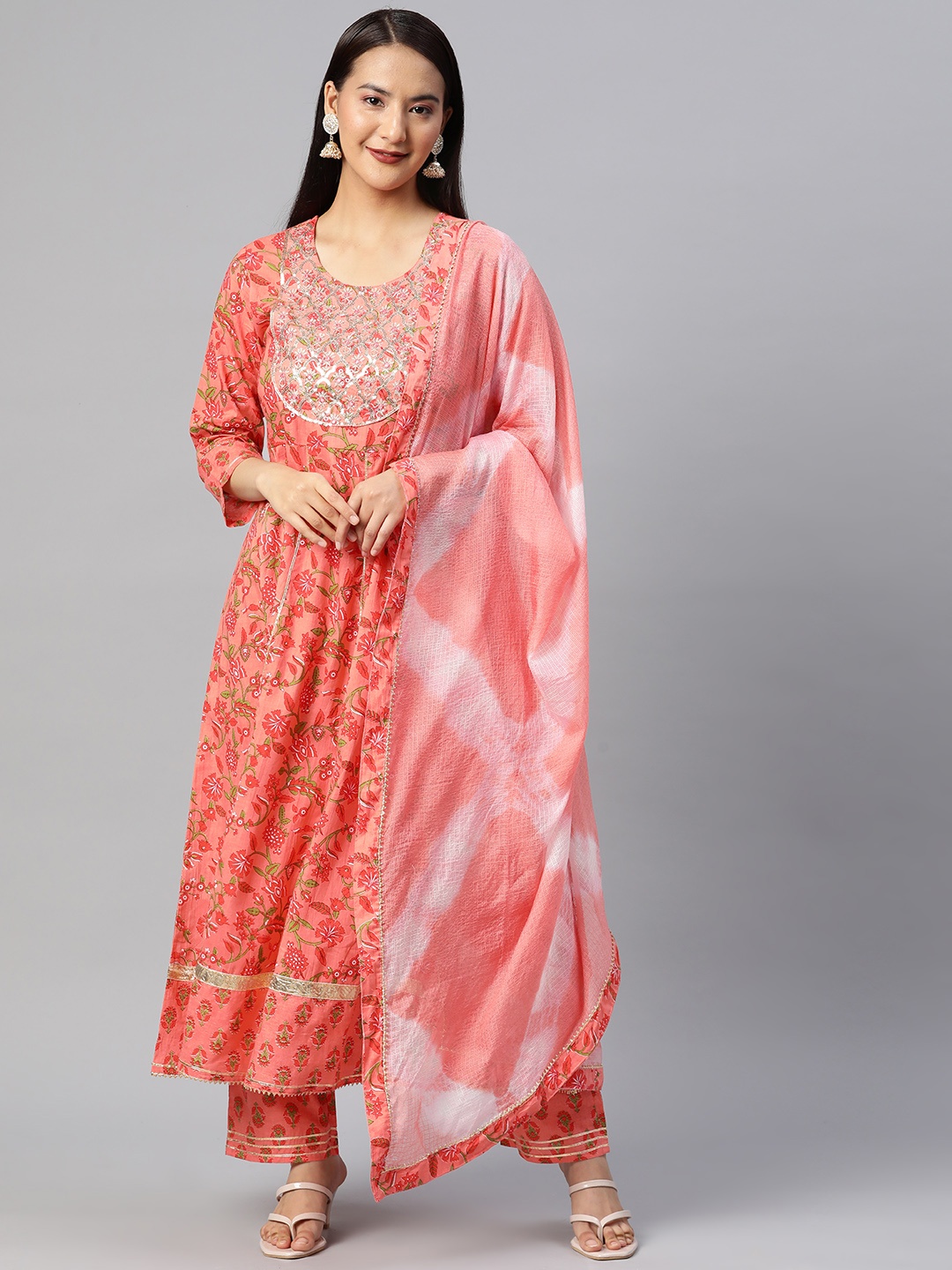 

Readiprint Fashions Floral Printed Panelled Sequinned Cotton Kurta with Palazzos & Dupatta, Peach