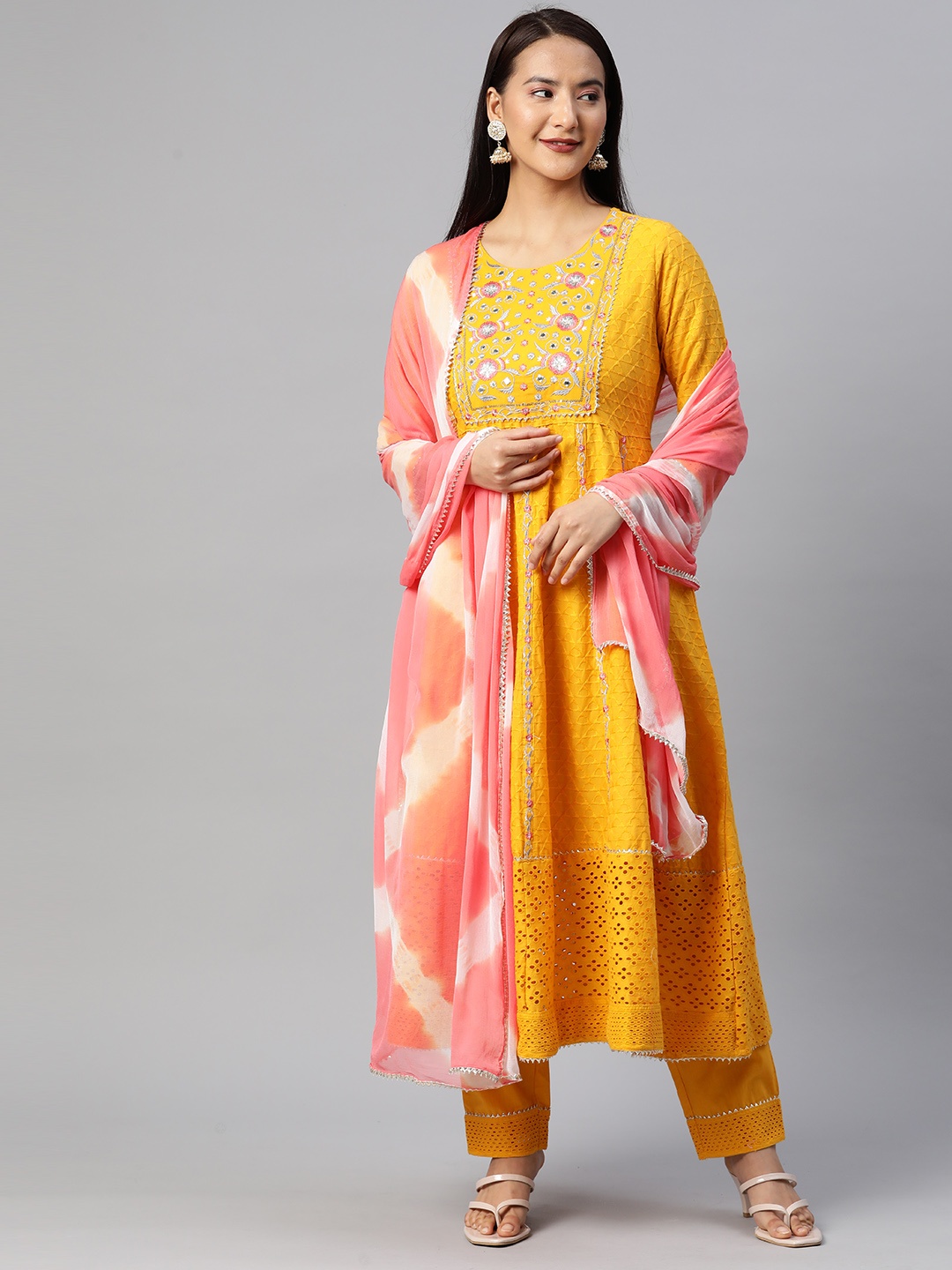 

Readiprint Floral Embroidered Pleated Gotta Patti Pure Cotton Kurta Set, Mustard