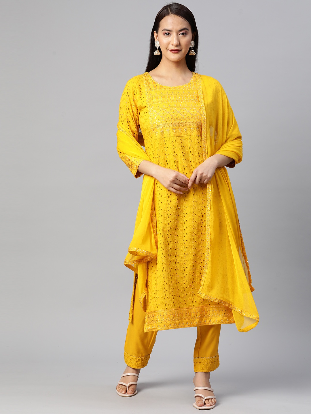 

Readiprint Floral Embroidered Sequinned Pure Cotton Kurta with Trousers & Dupatta, Mustard