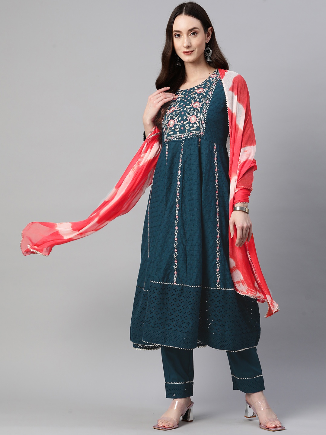 

Readiprint Fashions Floral Embroidered Gotta Patti Cotton Kurta with Trousers & Dupatta, Teal