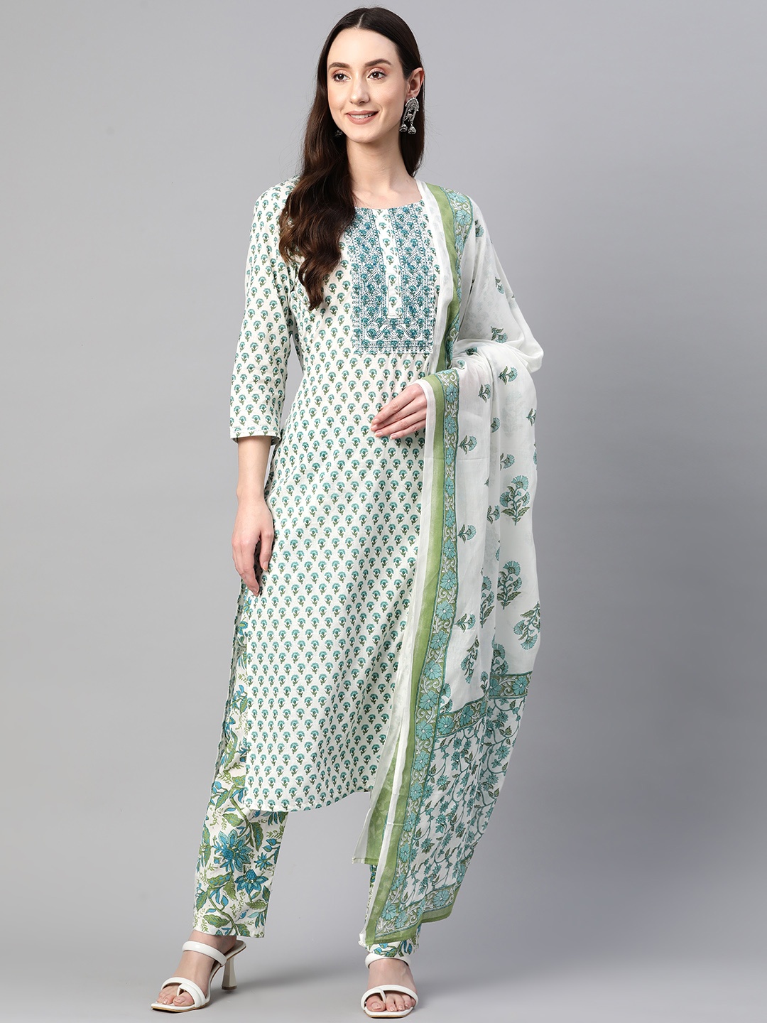 

Readiprint Fashions Floral Printed Thread Work Pure Cotton Kurta with Palazzos & Dupatta, White