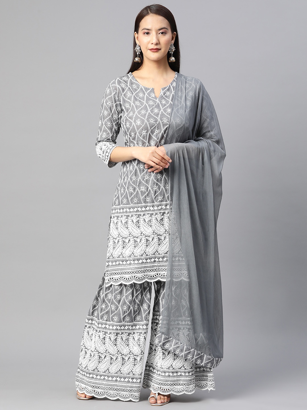 

Readiprint Fashions Floral Embroidered Thread Work Cotton Kurta with Sharara & Dupatta, Grey