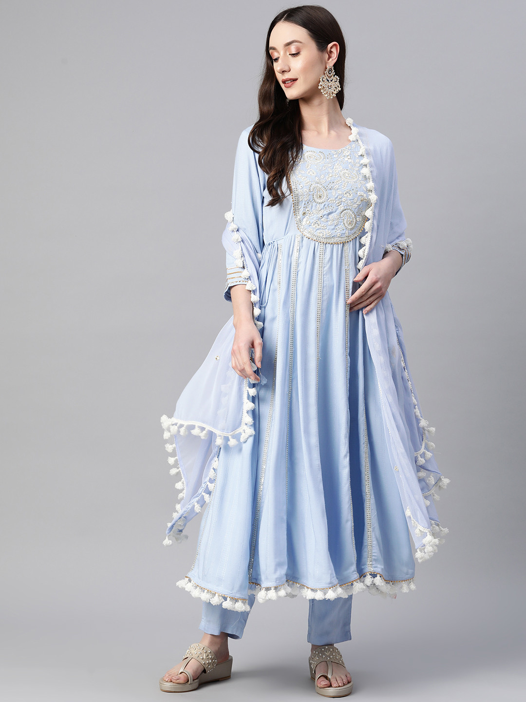 

Readiprint Fashions Embroidered Gotta Patti Kurta With Trousers & With Dupatta, Blue