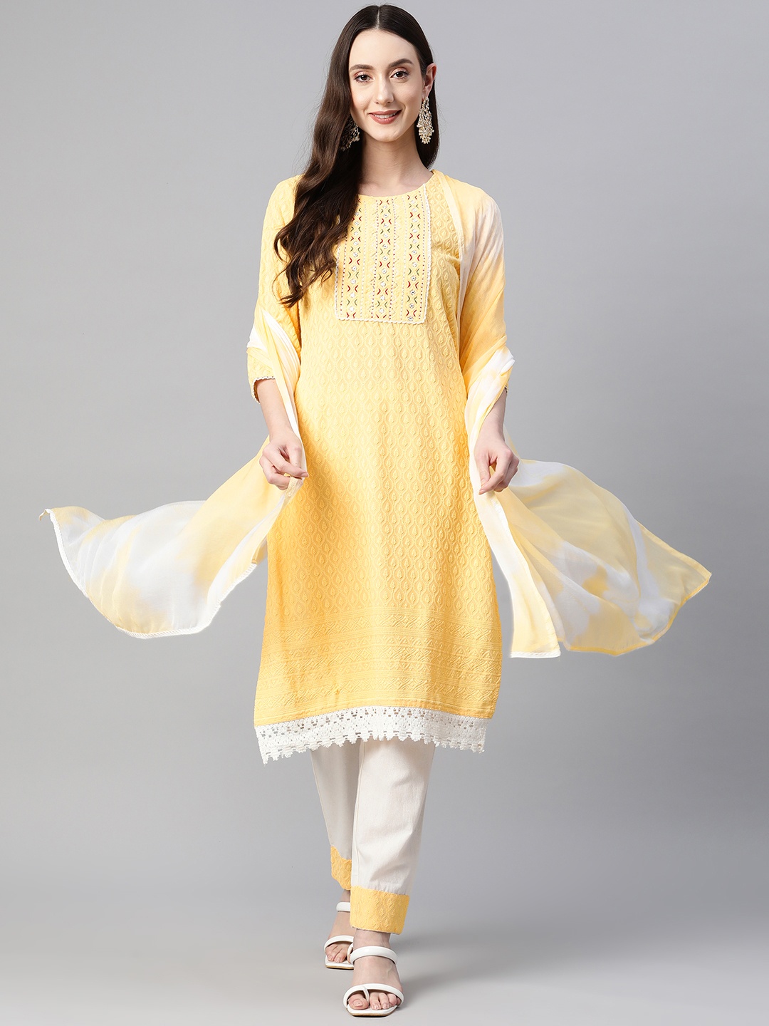 

Readiprint Embroidered Thread Work Pure Cotton Kurta With Trousers & With Dupatta, Yellow
