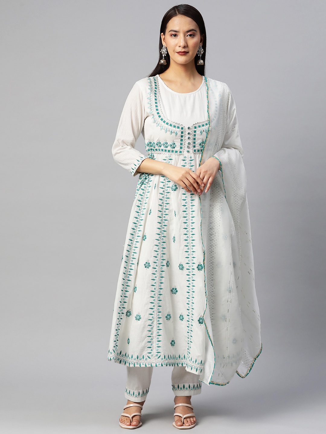 

Readiprint Embroidered Mirror Work Pure Cotton Kurta With Trousers & With Dupatta, White