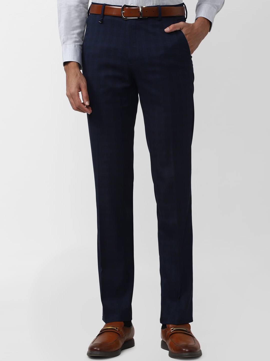 

Van Heusen Men Mid-Rise Checked Slim Fit Formal Trousers, Navy blue