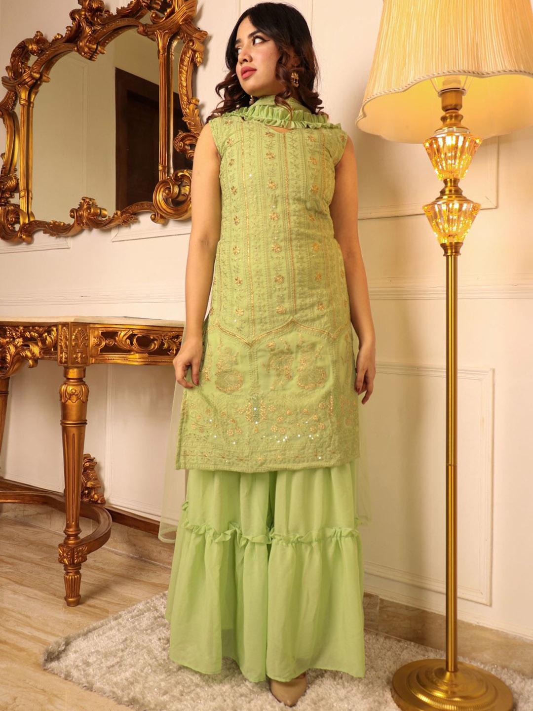 

Vidraa Western Store Floral Embroidered with Sharara & With Dupatta, Green