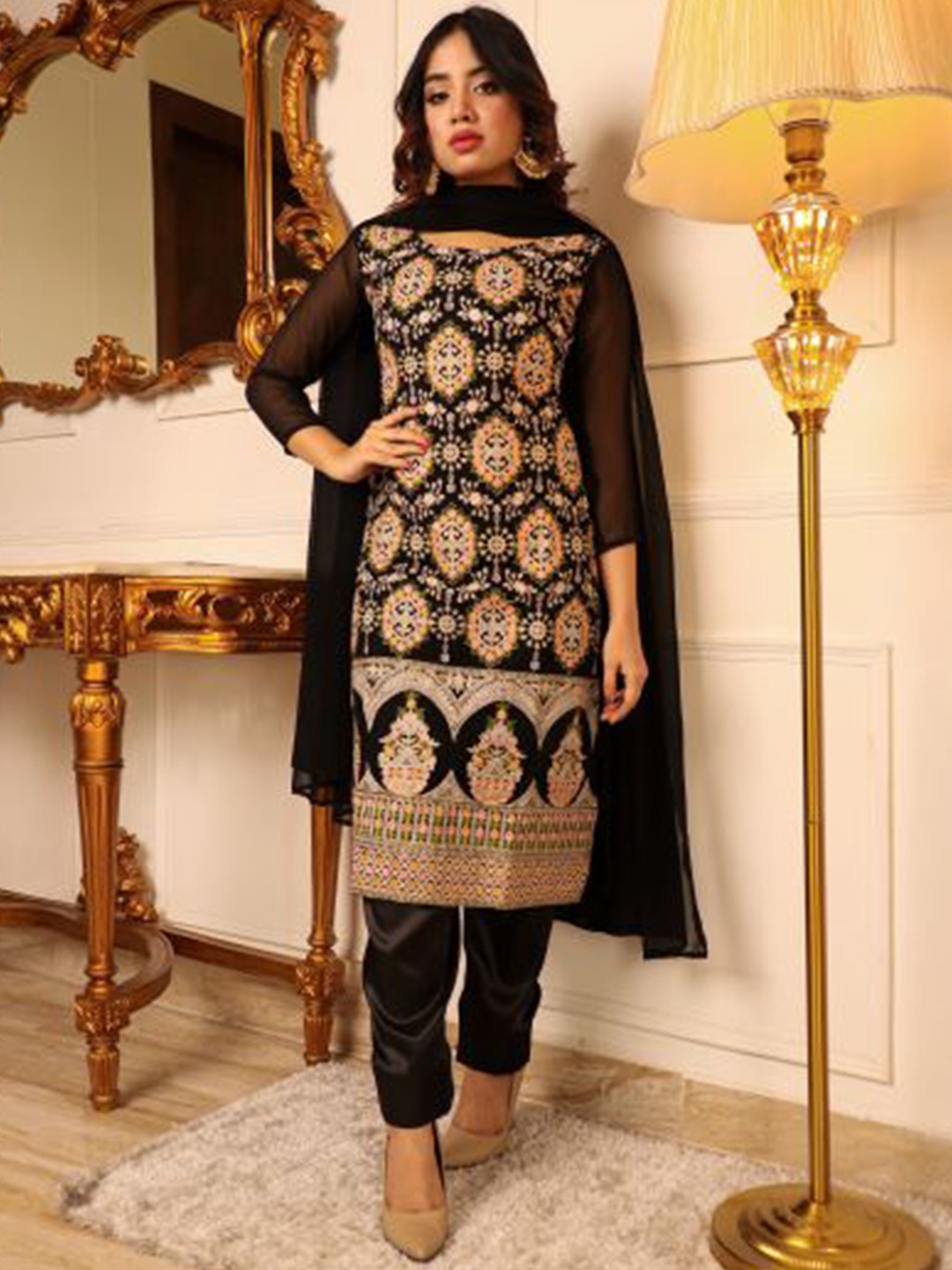 

Vidraa Western Store Floral Embroidered Thread Work Kurta with Trousers & Dupatta, Black