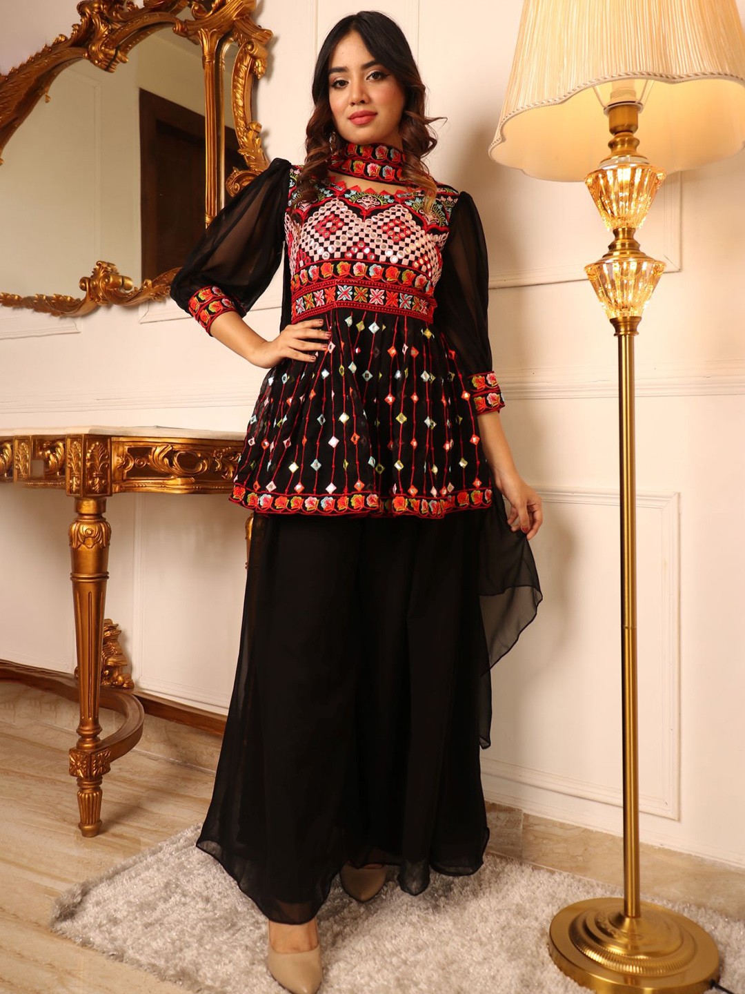 

Vidraa Western Store Floral Embroidered Top with Palazzos & Dupatta, Black