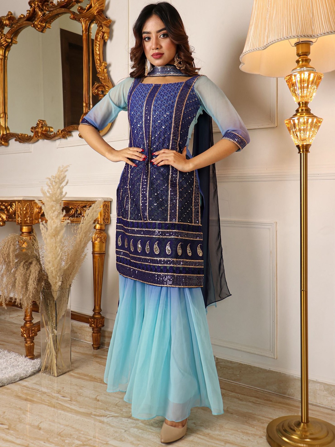 

Vidraa Western Store Embroidered Thread Work Top with Sharara & Dupatta, Navy blue