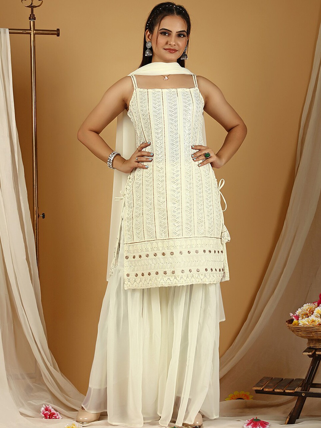 

Vidraa Western Store Embroidered Chikankari Top with Sharara & Dupatta, Cream