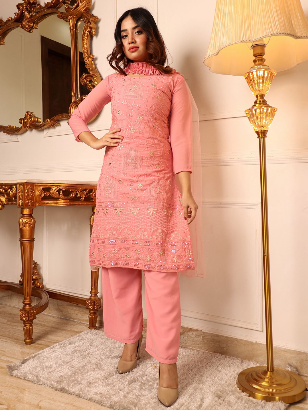 

Vidraa Western Store Floral Embroidered Silk Chiffon Kurta with Trousers & Dupatta, Pink