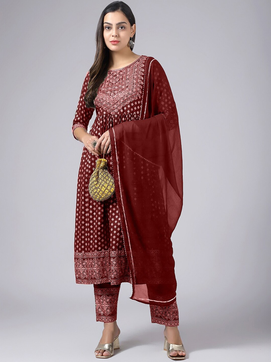 

ERISHA Women Ethnic Motifs Embroidered Mirror Work Kurta with Trousers & With Dupatta, Maroon