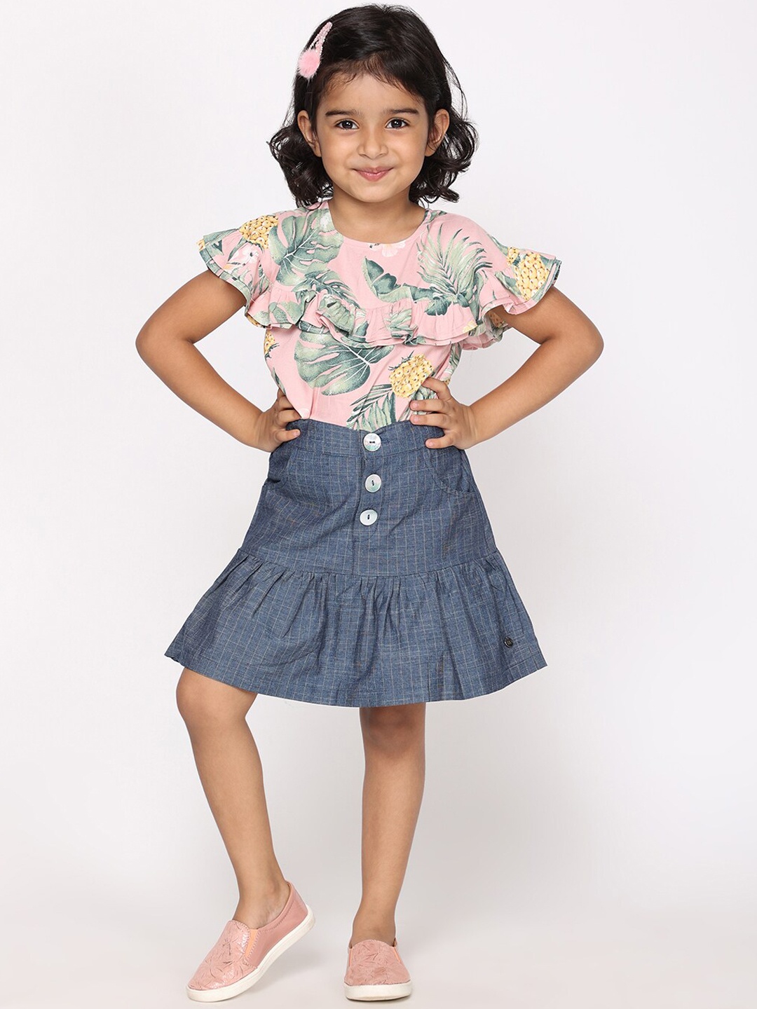 

White Dahlia Girls Tropical Printed Pure Cotton Top With Skirts Co-Ords, Pink