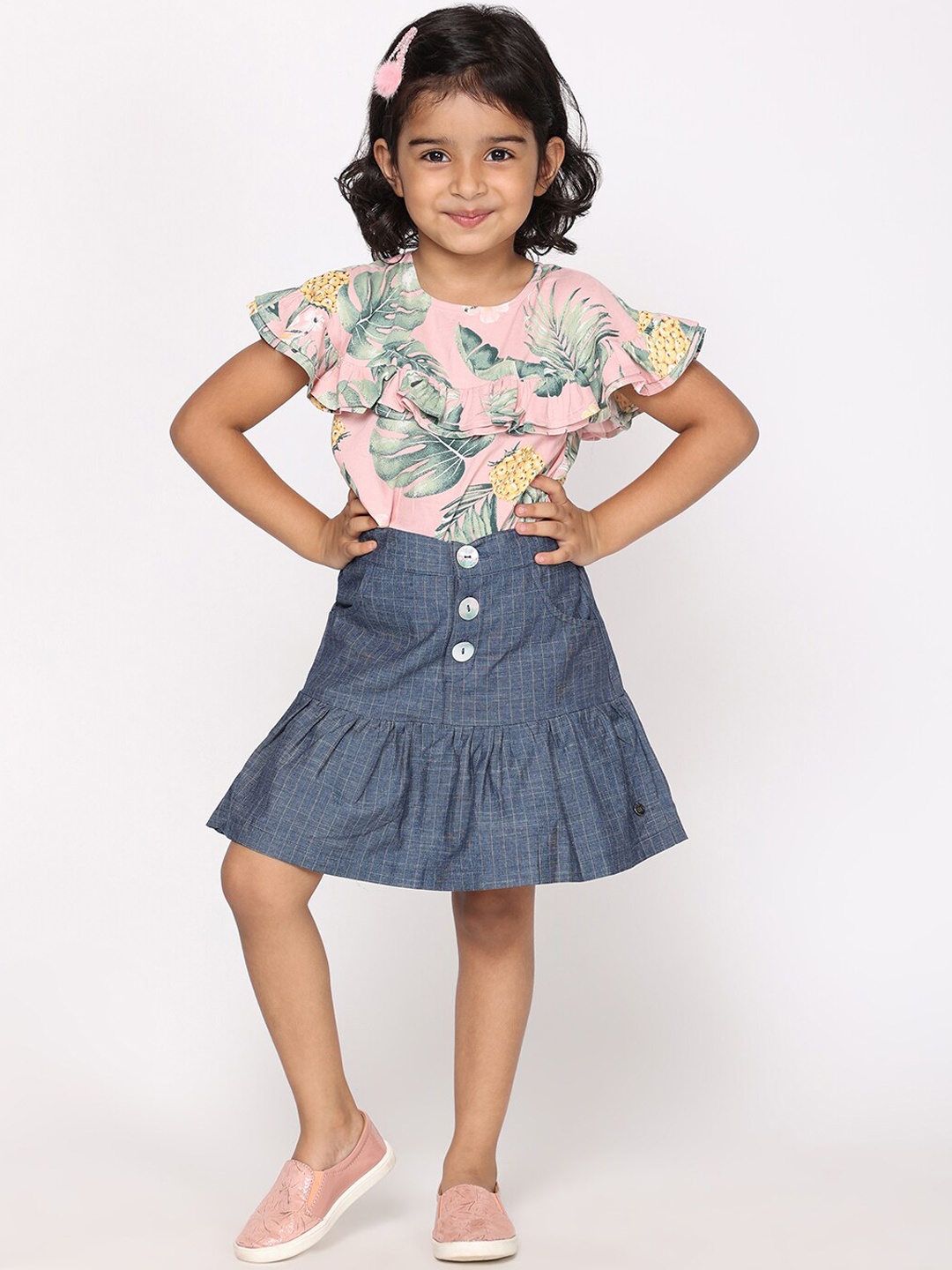 

White Dahlia Girls Tropical Printed Top With Skirt Co-Ords, Pink
