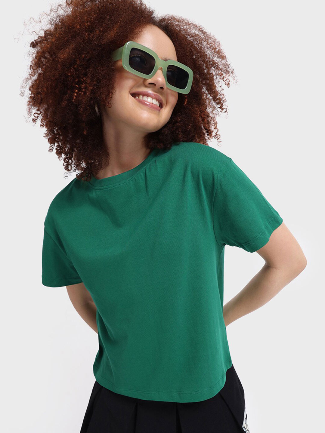 

Bewakoof Women Drop-Shoulder Sleeves Cotton T-shirt, Green