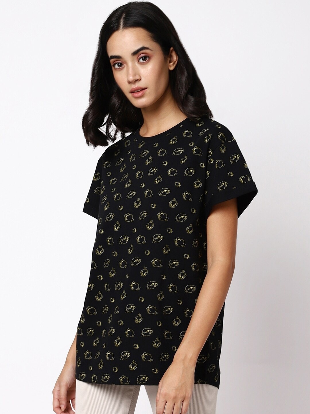 

Bewakoof Women Printed Cotton T-shirt, Black