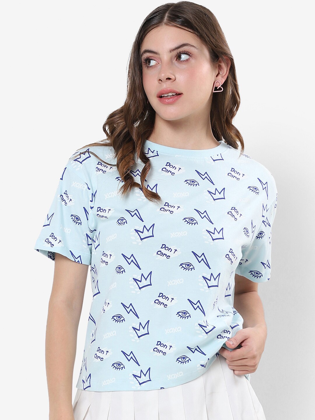 

Bewakoof Women Printed Drop-Shoulder Sleeves Cotton T-shirt, Blue