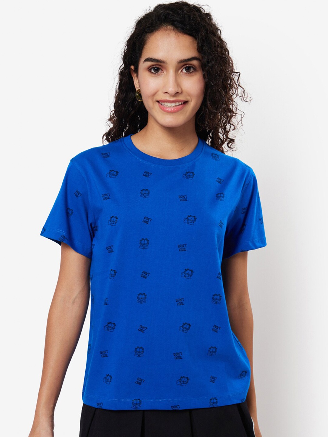 

Bewakoof Women Round Neck Typography Printed Cotton T-shirt, Blue