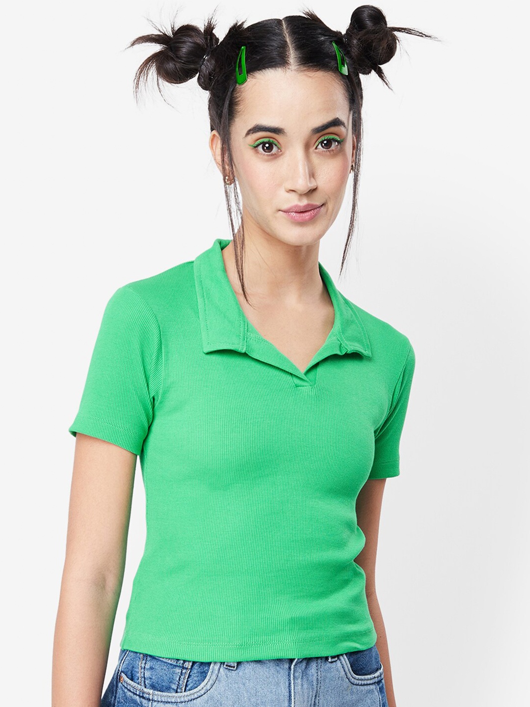 

Bewakoof Women Polo Collar Slim Fit Cotton T-shirt, Green