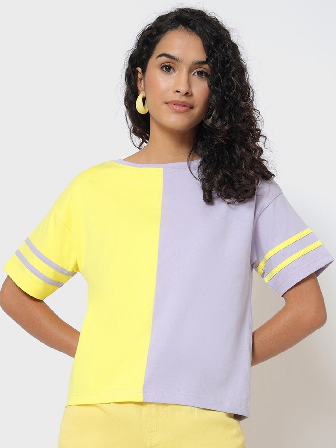 

Bewakoof Women Round Neck Colourblocked Cotton T-shirt, Yellow