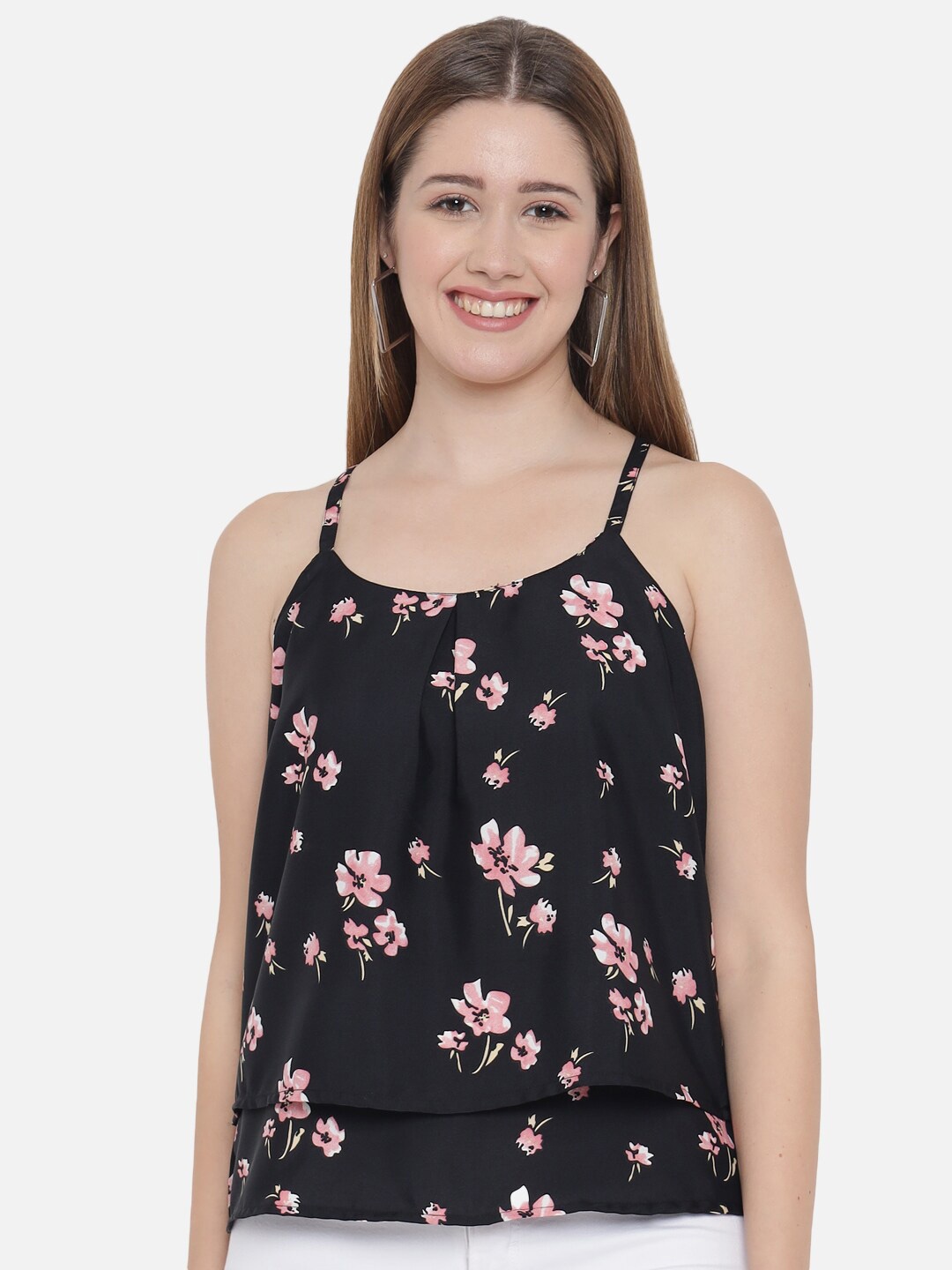 

Indietoga Floral Print Crepe Tiered Top, Black