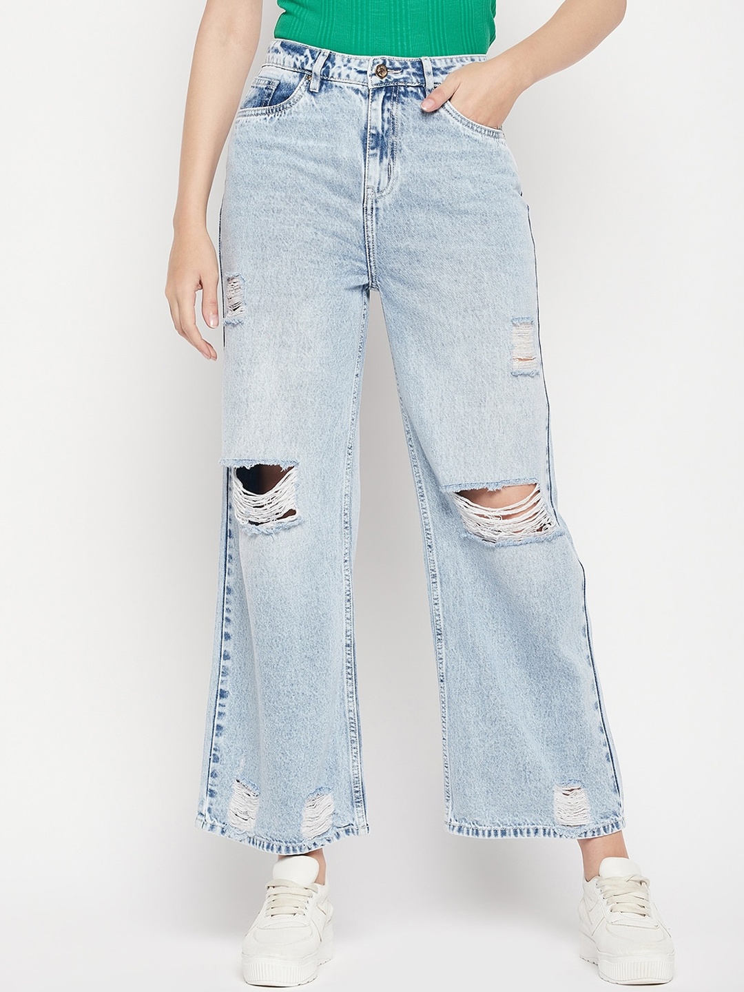 

Madame Women Flared Highly Distressed Heavy Fade Cotton Mid-Rise Jeans, Navy blue