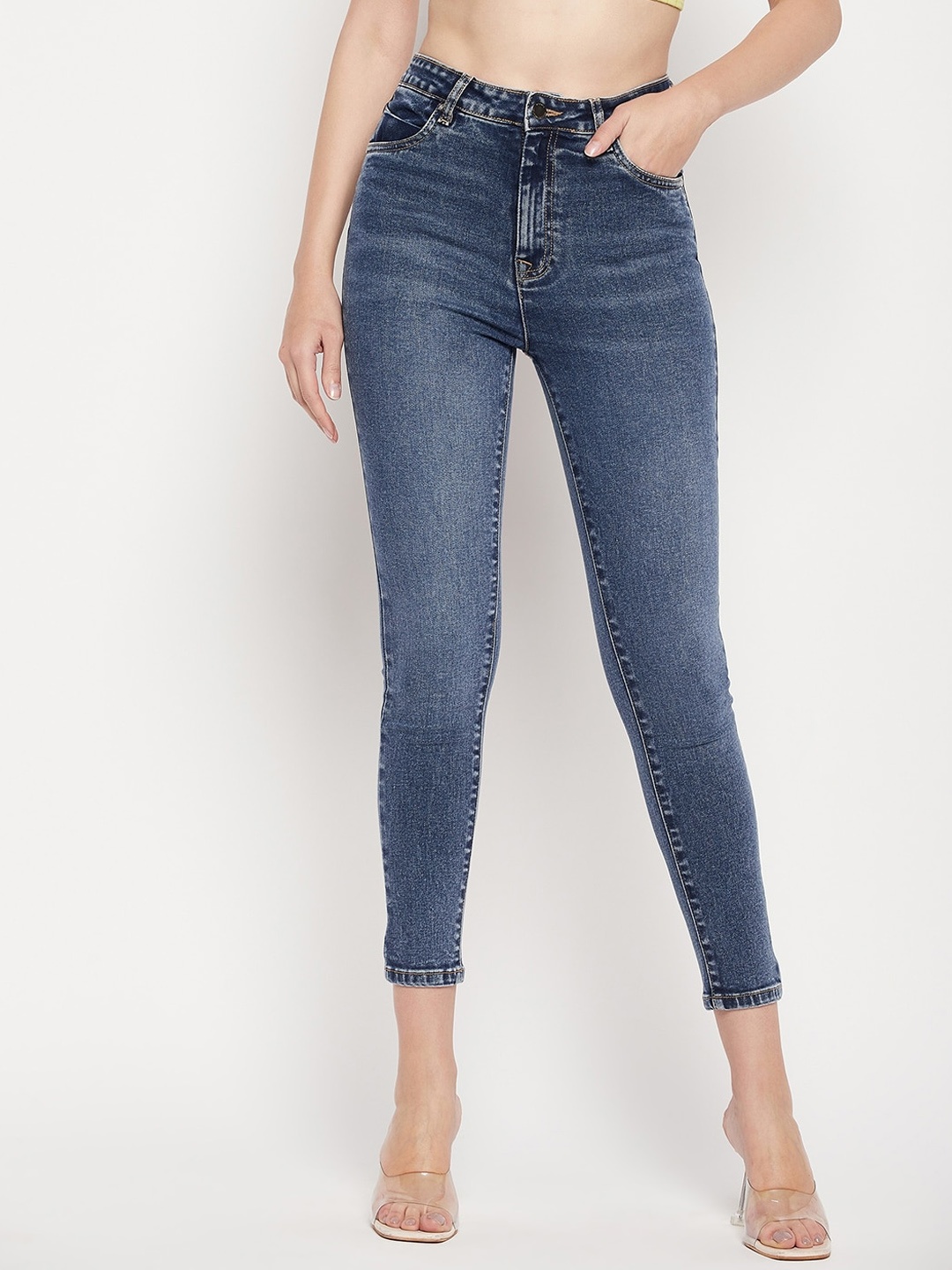 

Madame Women Heavy Fade Cropped High-Rise Skinny Fit Jeans, Navy blue