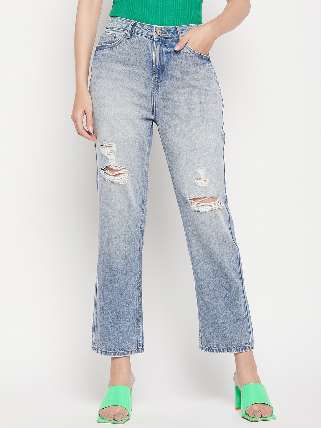 

Madame Women Mildly Distressed Heavy Fade Cotton Jeans, Navy blue