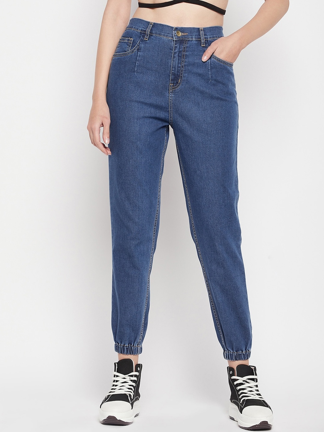 

Madame Women Solid Cotton Mid-Rise Jogger, Navy blue