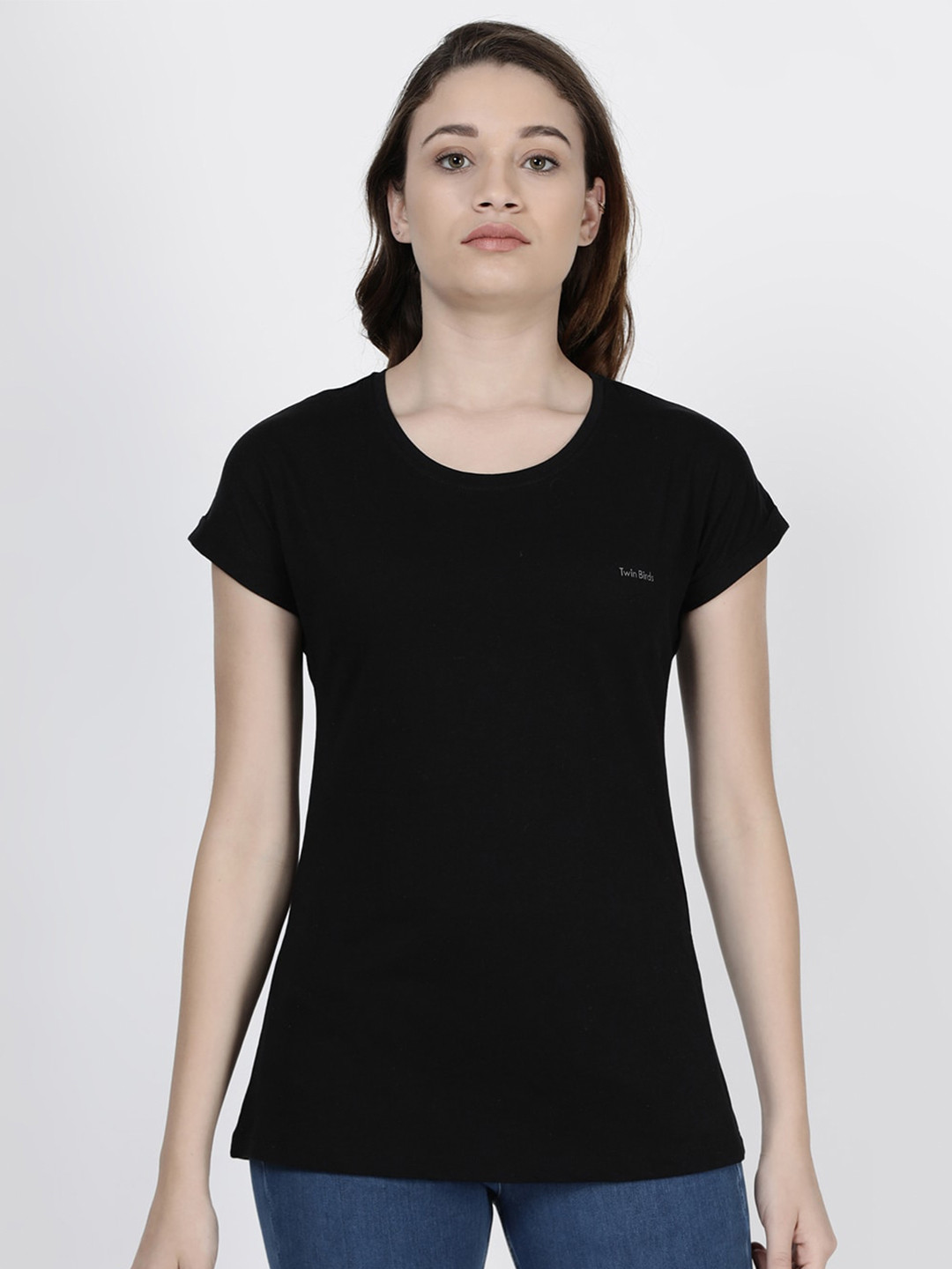 

TWIN BIRDS Women Round Neck Cotton T-shirt, Black