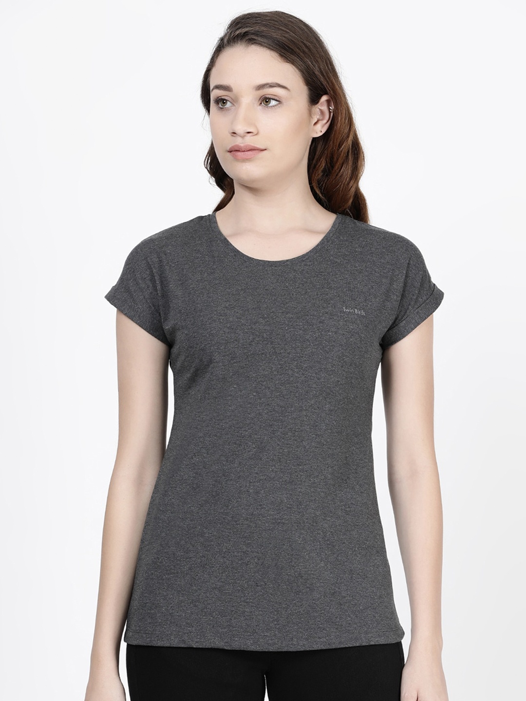 

TWIN BIRDS Women Round Neck Cotton T-shirt, Grey