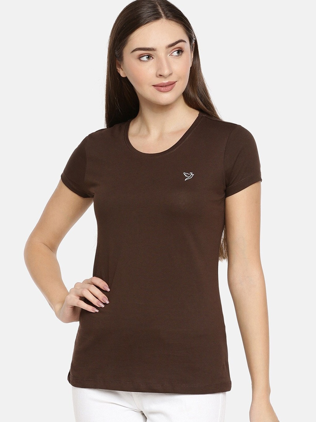

TWIN BIRDS Women Slim Fit Cotton T-shirt, Brown