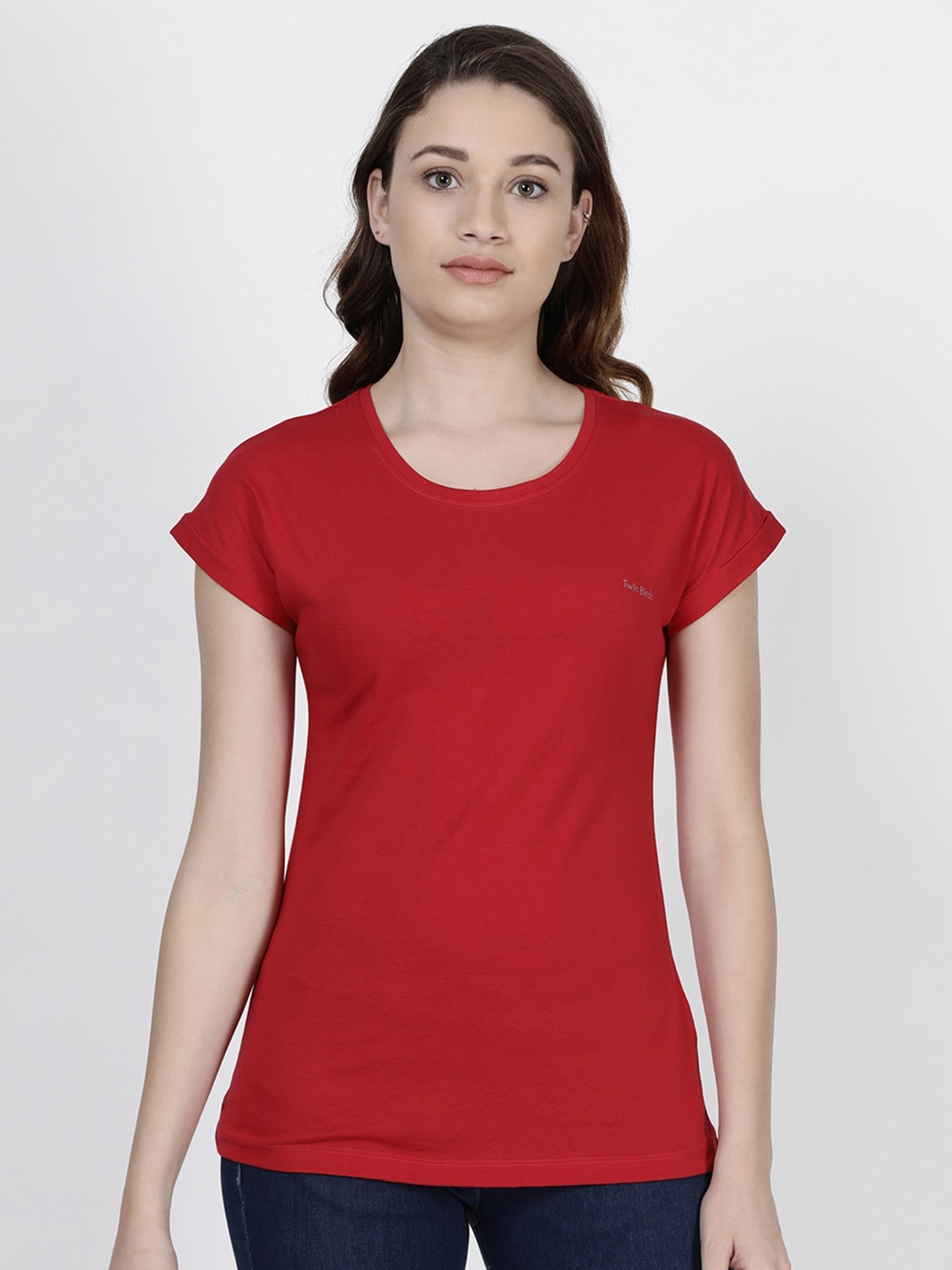 

TWIN BIRDS Women Round Neck Cotton T-shirt, Red