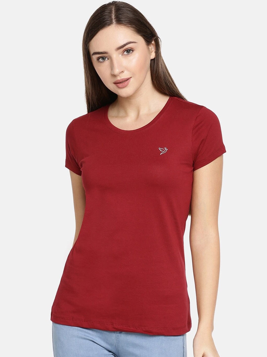 

TWIN BIRDS Women Slim Fit Pure Cotton T-shirt, Maroon