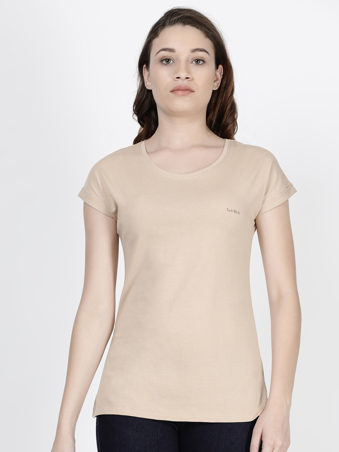 

TWIN BIRDS Women Short Sleeves Pure Cotton T-shirt, Beige